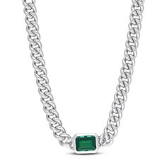 This eye-catching sterling silver necklace features a bright emerald-cut lab-created emerald gleaming in a bezel setting. The pendant suspends from a 16-inch link chain that secures with a lobster clasp. Mens Rings Wedding Diamond, Diamond Wedding Rings Sets, Lab Created Emerald, Mens Chain Necklace, Link Chain Necklace, Gold Necklace Women, Diamond Chain, Accessories Jewelry Necklace, Mens Wedding Rings