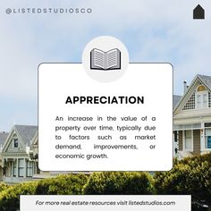 an advertisement for real estate investment in front of a row of houses with the words appreciation above it