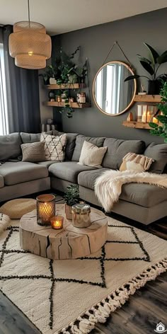 a living room filled with lots of furniture next to a large round mirror on the wall