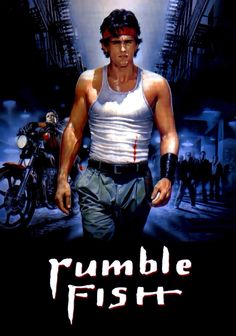 a movie poster for rumble fish with a man in white tank top and black pants