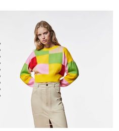 New With Tags Zara Women ColorBlock Square Colorful Short Oversized Sweater Knit SZ Med Sold Out in all Stores!! 31% Polyester,30% Nylon, 23% Acrylic, 11% Wool & 5% Alpaca Lightweight, Chopped & Oversized Measurements Length: 19.5” Armpit to Armpit: 22” Retail:$45.90 Orange Oversized Sweater, Zara Lace Top, Zara Sweatshirt, Batwing Sweater, Yarn Sweater, Sweater Layering, Orange Sweaters, Zara Sweater, Open Knit Sweater