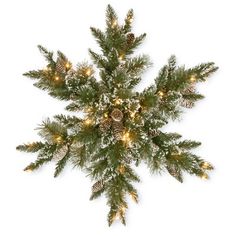 a snowflake with pine cones and lights is shown against a white background,