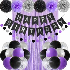 PRICES MAY VARY. HAPPY BIRTHDAY BANNER - Each flag measures approx 4.5 x 6.3 inches. Easy assembly required PREMIUM QUALITY BALLOONS - The thick 12" latex balloon includes black, purple, metallic silver, and silver confetti balloons, total 30 pcs FOIL FRINGE CURTAIN - 3.3 x 6.5 ft large, shining purple color, ideal to hang it on the door, under the arch, or on the wall as the party backdrop BLACK PURPLE THEME - This black purple & silver color birthday decorations suit for men, women, boys, girl 100th Birthday Party Decorations, Birthday Party Decorations Balloons, Silver Happy Birthday, Black Party Decorations, Party Decorations Balloons, 100th Birthday Party, Purple Foil, Decorations Balloons, Purple Birthday