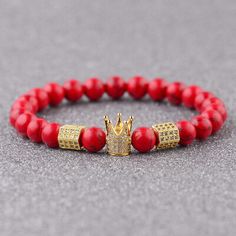 Luxury Micro Pave CZ Balls King Crown Tube Charm Red Turquoise Beads Bracelets | eBay Adjustable Red Gemstone Beaded Bracelets, Adjustable Red Beaded Gemstone Bracelets, Red Adjustable Gemstone Beaded Bracelets, Hand-strung Red Wristband Bracelet, Adjustable Red Crystal Bracelet With Gemstone Beads, Red Letter Beads For Gifts, Red Jewelry With Round Letter Beads, Red Letter Beads Jewelry, Red Wristband Bracelet With Colorful Beads