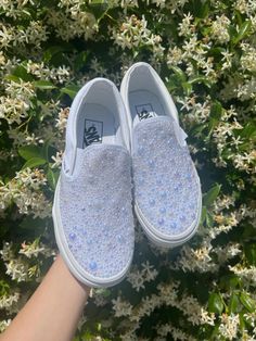 Custom hand placed Pearl bedazzled wedding shoes Rhinestone Round Toe Wedding Shoes, Bedazzled Vans, Bedazzled Vans Wedding, Pearl Vans, Custom Vans Wedding Shoes, Bling Slip On Vans, Bedazzled Bride Sneakers, Pearl Sneakers, Wedding Vans