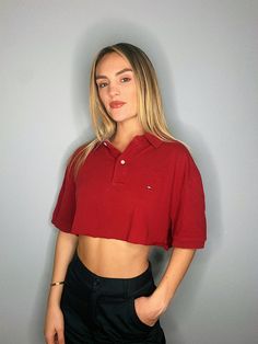 Custom Vintage Dark Red Tommy Hilfiger Crop Polo Trendy Red Collared Top, Red Polo, Dark Red, Womens Clothing Tops, Tommy Hilfiger, Jesus, Tops & Tees, Bathing Beauties, T Shirts For Women