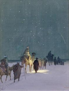 a group of people walking across a snow covered field under a sky full of stars