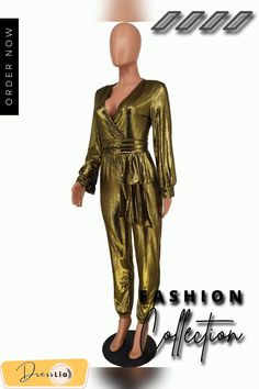 Elegant Deep V Neck Long Sleeve Bronzing Jumpsuit Gold Long Sleeve Bodysuit For Night Out, Gold Fitted Long Sleeve Jumpsuit/romper, Fall Party V-neck Jumpsuits And Rompers, Fall Party Jumpsuits And Rompers With V-neck, Fall Party Jumpsuits With V-neck, Glamorous Gold V-neck Jumpsuits And Rompers, Fall Party Jumpsuit Romper Overall, Fall V-neck Jumpsuits And Rompers For Night Out, Chic Gold Jumpsuits And Rompers For Night Out