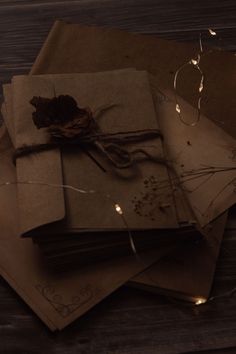 a stack of brown envelopes sitting on top of each other next to string lights