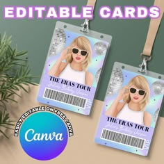 two luggage tags with the words editable cards on them