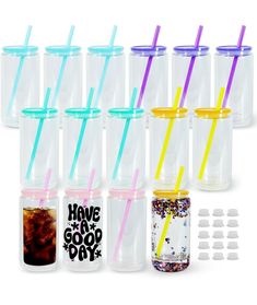 there are many cups with different colored straws in each cup and one is filled with liquid