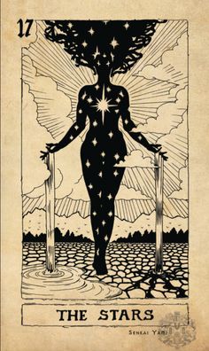 the star tarot card with an image of a woman holding two poles in her hands