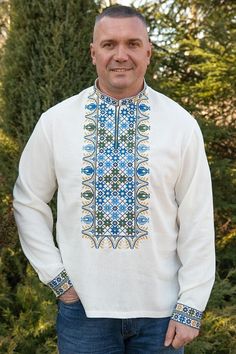 White Men's embroidered shirt, different sizes, Linen, Ukrainian Vyshyvanka, Ukrainian Vyshyvanka, T Shirt Picture, Bright Colored, Embroidered Shirt, Mens Accessories, Mens Outfits, Embroidery, Pattern, White