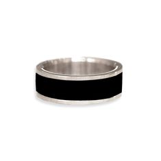 a black and silver ring with a thin band on the outside, in front of a white background