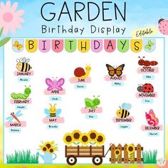 a garden birthday display with flowers, bees and butterflies in the background is an image of a