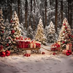 a christmas scene with presents in a wagon and trees covered in snow, surrounded by evergreens