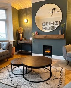 a living room with two couches and a coffee table in front of a fireplace