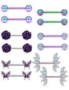 six different types of piercings with butterflies and flowers on them, all in iridescent colors