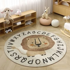 a child's room with toys and rugs on the floor