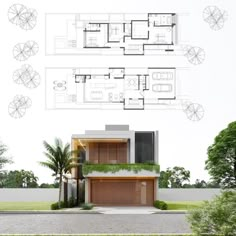 an architectural rendering of a house with three floors and two garages on each floor