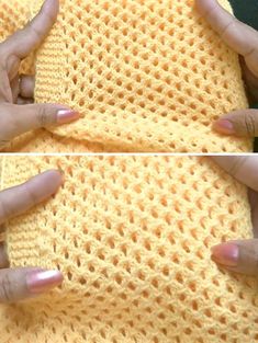 two pictures show how to crochet the front and back of a yellow sweater