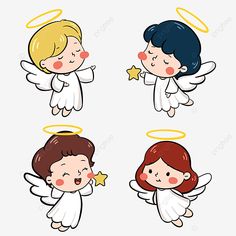 three cute little angels with angel wings and stars, cartoon, character png and psd