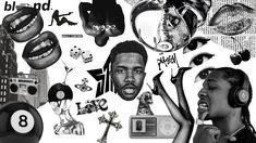 a collage of black and white images with various items on them, including headphones