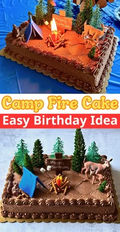 a cake that is shaped like a campfire and has an easy birthday idea on it