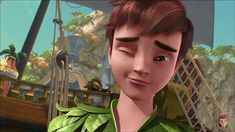 an animated image of a young man in a green shirt standing next to a pirate ship