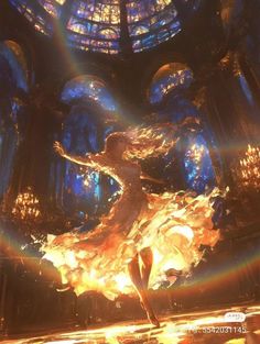 a woman standing in front of a fire filled room with lots of light coming from the ceiling