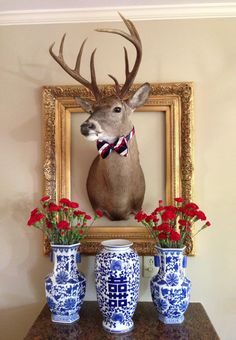 a deer head mounted on the wall next to vases with red flowers in them