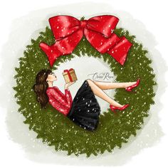 a drawing of a woman sitting in front of a christmas wreath holding a gift box