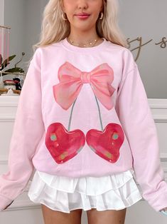 Cherry Bow Crewneck | Sassy Shortcake Boutique | sassyshortcake.com Kawaii Long Sleeve Sweatshirt For Spring, Spring Kawaii Long Sleeve Sweatshirt, Spring Long Sleeve Kawaii Sweatshirt, Pink Sweatshirt For Loungewear, Pink Kawaii Sweatshirt For Spring, Pink Bow Top For Fall, Pink Cherry Print Top For Spring, Spring Pink Tops With Cherry Print, Cute Sweatshirt For Spring Loungewear