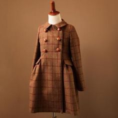 Brown and Burgundy Red Tweed Double Breasted Plaid Girl's Coat – A N A G R A S S I A Green Plaid Coat, Muslin Blouse, Red Plaid Coat, Red Plaid Jacket, Tartan Coat, Plaid Wool Coat, Muslin Dress, Seventies Fashion, Cashmere Jacket