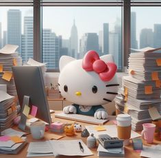 a hello kitty character sitting at a desk in front of a computer surrounded by stacks of papers