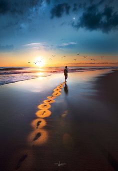 a person walking on the beach at sunset