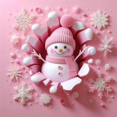 a snowman with pink hat and scarf surrounded by white snowflakes on a pink background