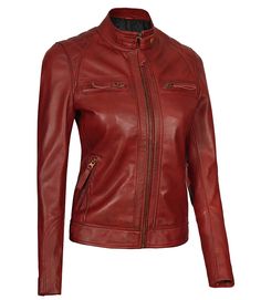 Modern Fit 4 Pockets Women Biker Maroon Leather Jacket
Our maroon-color leather jacket for women is an everyday-style biker jacket It is crafted from real lambskin leather & an internal soft skin-friendly polyester lining that ensures comfort and warmth. It is durable and modern, which fashion-oriented women often look for. The jacket has a quilted design on the shoulders and inside & pockets to secure your belongings.
It is fantastic outerwear to be added to your current wardrobe collection that can be worn while riding, at parties, and on other casual outings. Peplum Leather Jacket, Asymmetrical Leather Jacket, Racer Leather Jacket, Moto Chic, Maroon Leather Jacket, Leather Jacket For Women, Cafe Racer Leather Jacket, Maroon Jacket, Varsity Jacket Women