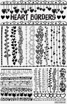 a set of heart borders with hearts and flowers on them, all in black and white