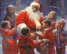 a group of children standing next to santa in the snow with his hands on each other's chest