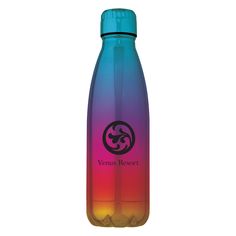 a colorful water bottle with the words venus resort on it and an ombrella