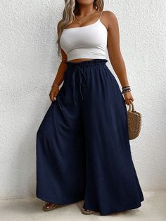 Plus Size Solid Color Paper Bag Waist Loose Leg Pants Navy Blue Casual   Woven Fabric Plain Wide Leg Non-Stretch  Women Plus Clothing, size features are:Bust: ,Length: ,Sleeve Length: Plus Size Palazzo, Lantern Sleeve Dress, Color Paper, Plus Size Pants, Palazzo Pants, Summer Dresses For Women, Casual T Shirts, Eos