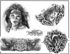 some tattoos that are on the back of a woman's head and face, with different designs