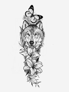 a drawing of a wolf with flowers and butterflies on its head, in black and white