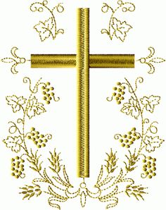 a cross and some flowers on a white background with gold threadwork in the middle