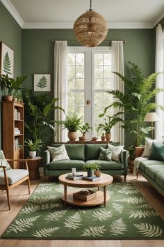 a living room filled with furniture and plants