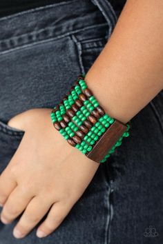 Held together with brown wooden rectangular frames, mismatched rows of oval brown and round multicolored wooden beads are threaded along stretchy bands around the wrist for a whimsically layered look. Sold as one individual bracelet. Paparazzi Accessories