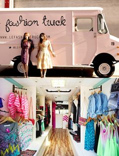 two women standing in front of a fashion truck