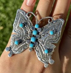 Navajo Sterling Silver Blue Turquoise Butterfly Adjustable Ring. Artist: June Defauito Width: 2 inch by 2 inches Weight: 25 grams Best Offers Accepted! Unique Blue Butterfly Jewelry, Unique Blue Butterfly-shaped Jewelry, Turquoise Butterfly, Blue Turquoise, Silver Blue, Adjustable Ring, Turquoise Jewelry, Womens Jewelry Rings, Adjustable Rings