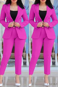 Lasaky - Elegant Two-Piece Set with Solid Cardigan, Turn-Back Collar, and Long Sleeve Pants Pink Long Sleeve Suit For Fall, Pink Long Sleeve Fall Suit, Fitted Pink Pantsuit For Fall, Pink Fall Suit With Pockets, Fall Pink Suit With Pockets, Fitted Pink Pantsuit With Pockets, Casual Fitted Pink Pantsuit, Purple Long Sleeve Sets For Workwear, Purple Long Sleeve Sets For Work